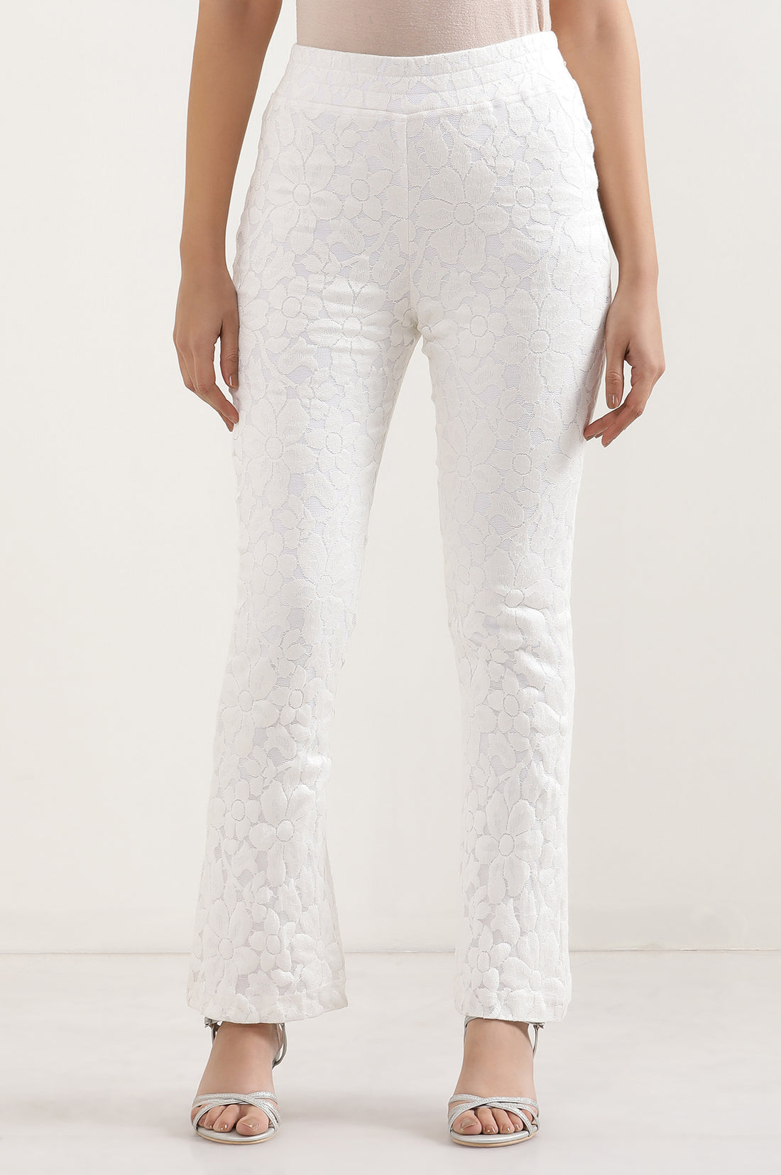White Floral Flared Cotton Pants With Elasticated Waist