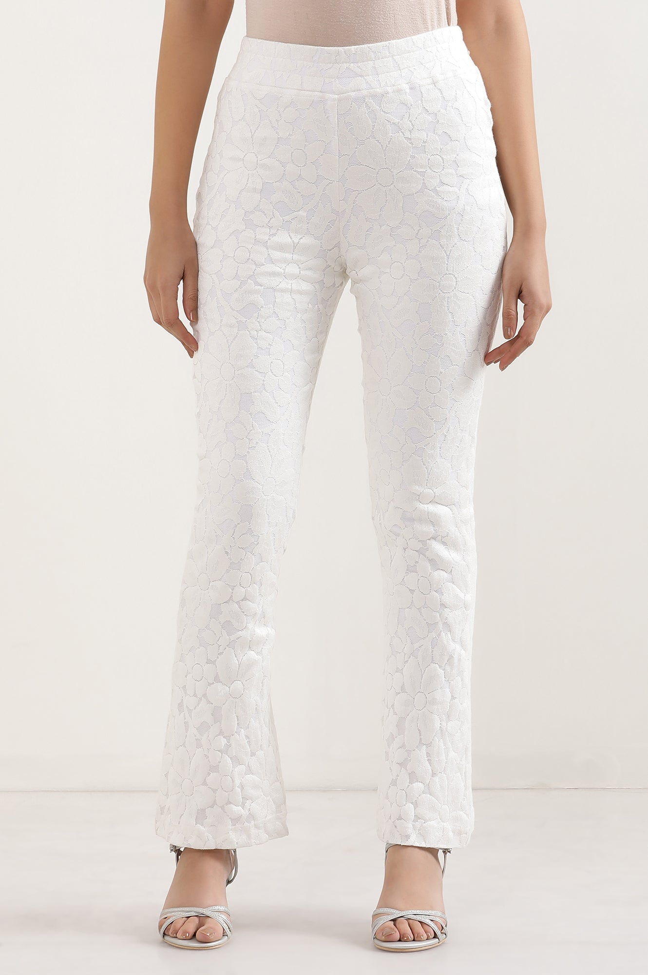 White Floral Net Boot Cut Pants