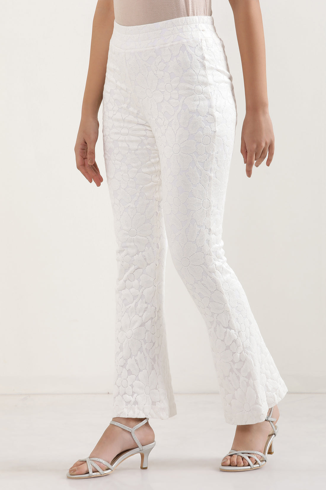 White Floral Flared Cotton Pants With Elasticated Waist