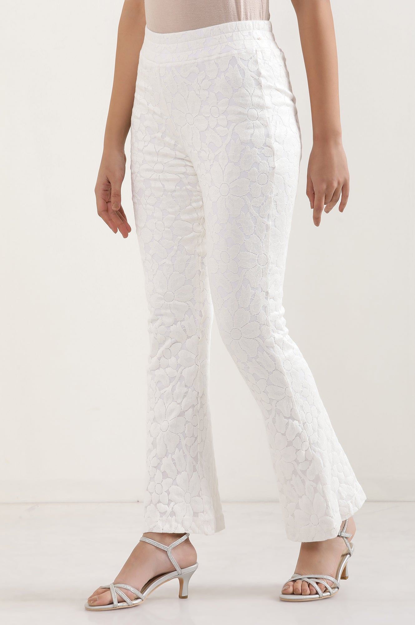 White Floral Net Boot Cut Pants