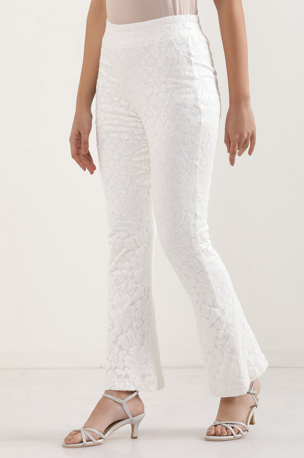 White Floral Flared Cotton Pants With Elasticated Waist