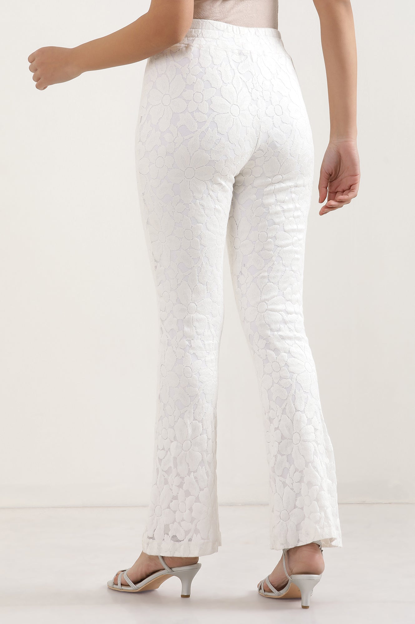 White Floral Net Boot Cut Pants