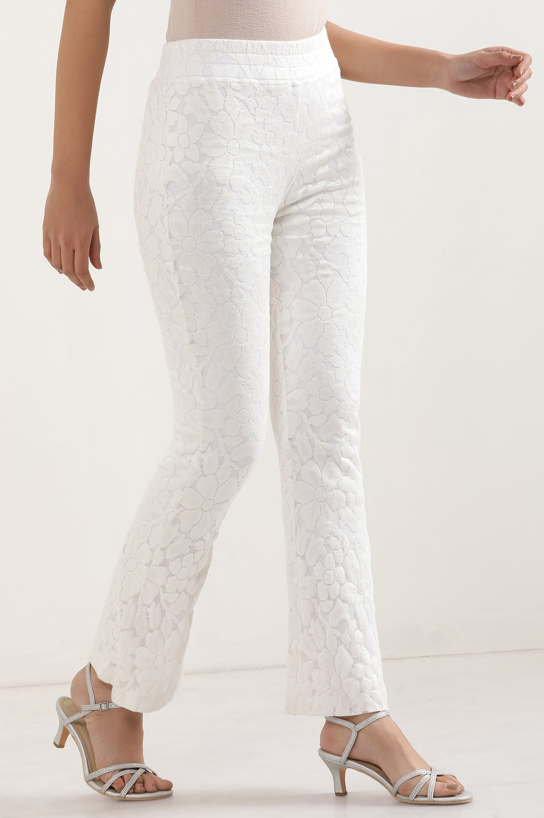 White Floral Flared Cotton Pants With Elasticated Waist