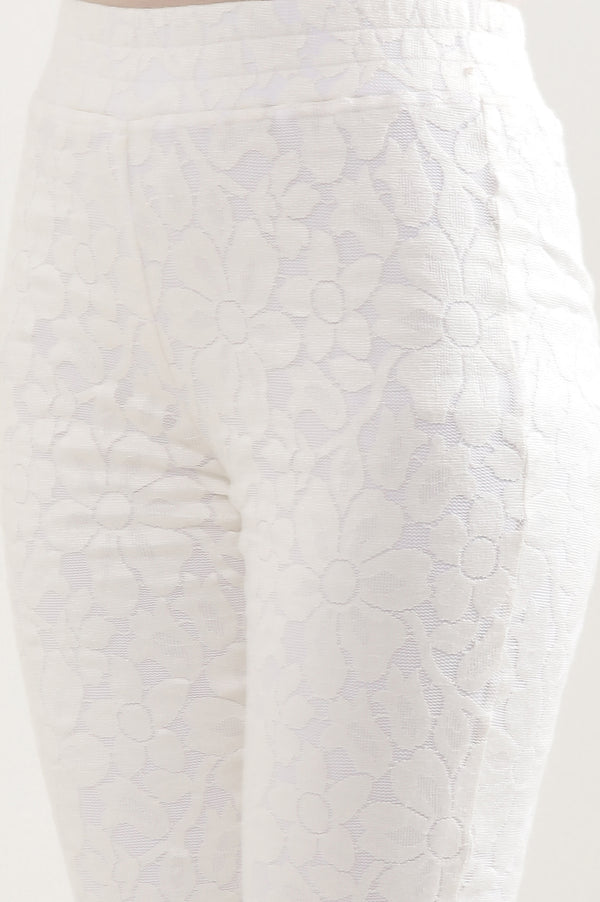 White Floral Flared Cotton Pants With Elasticated Waist