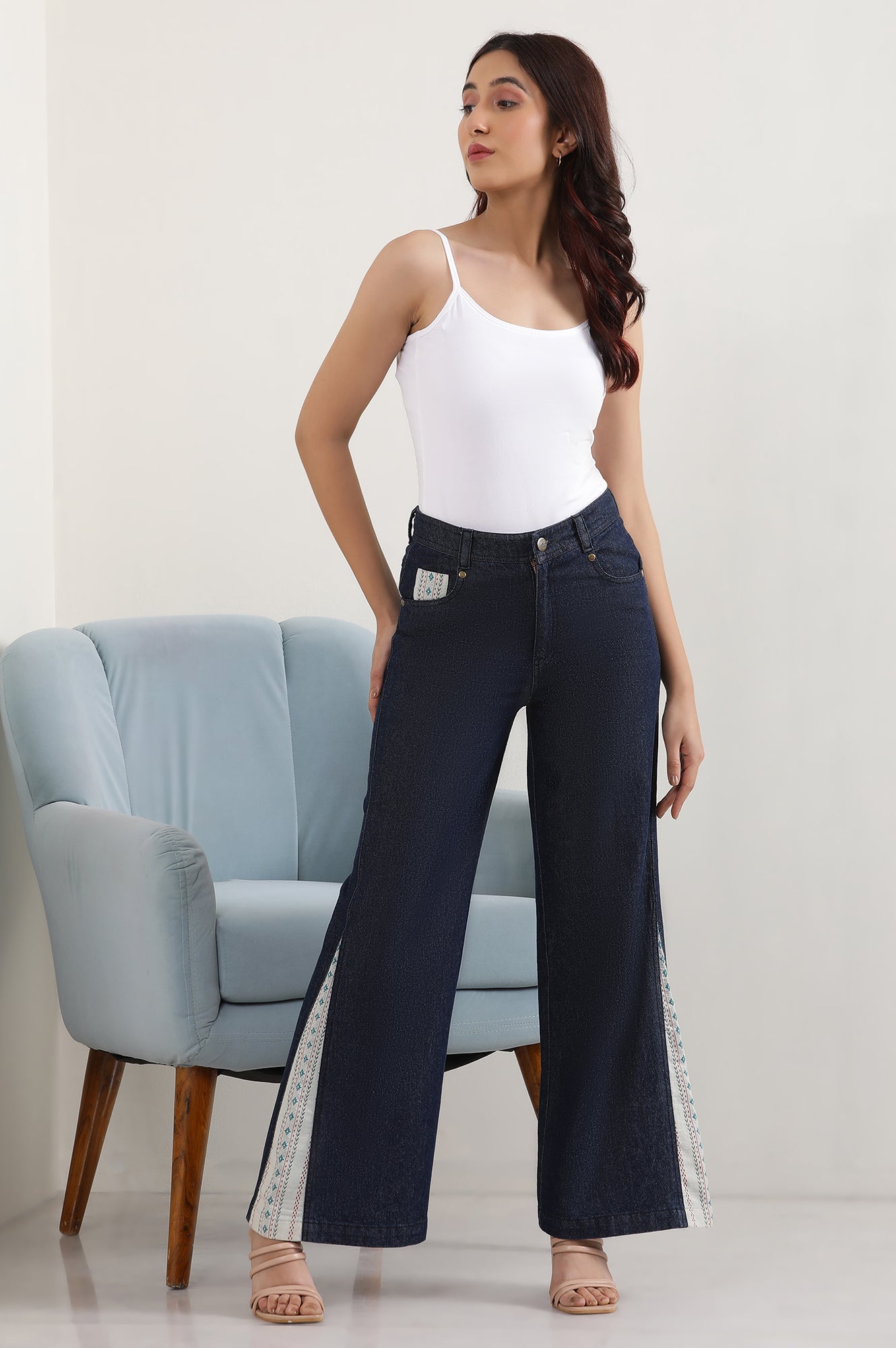 Blue Denim Flared Jeans with Printed Fabric Insert