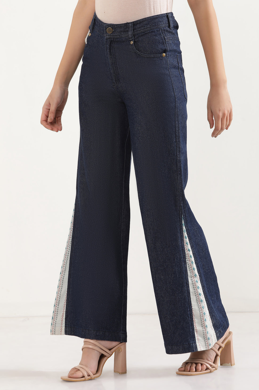 Blue Solid Flared Denim Palazzo With Printed Side Inserts