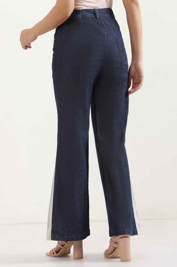 Blue Solid Flared Denim Palazzo With Printed Side Inserts