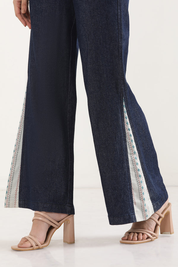 Blue Solid Flared Denim Palazzo With Printed Side Inserts