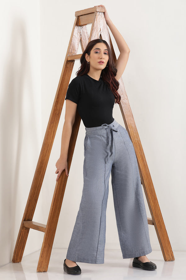 Elleven Women's Blue Solid Flared Denim Pants With Tie Detail