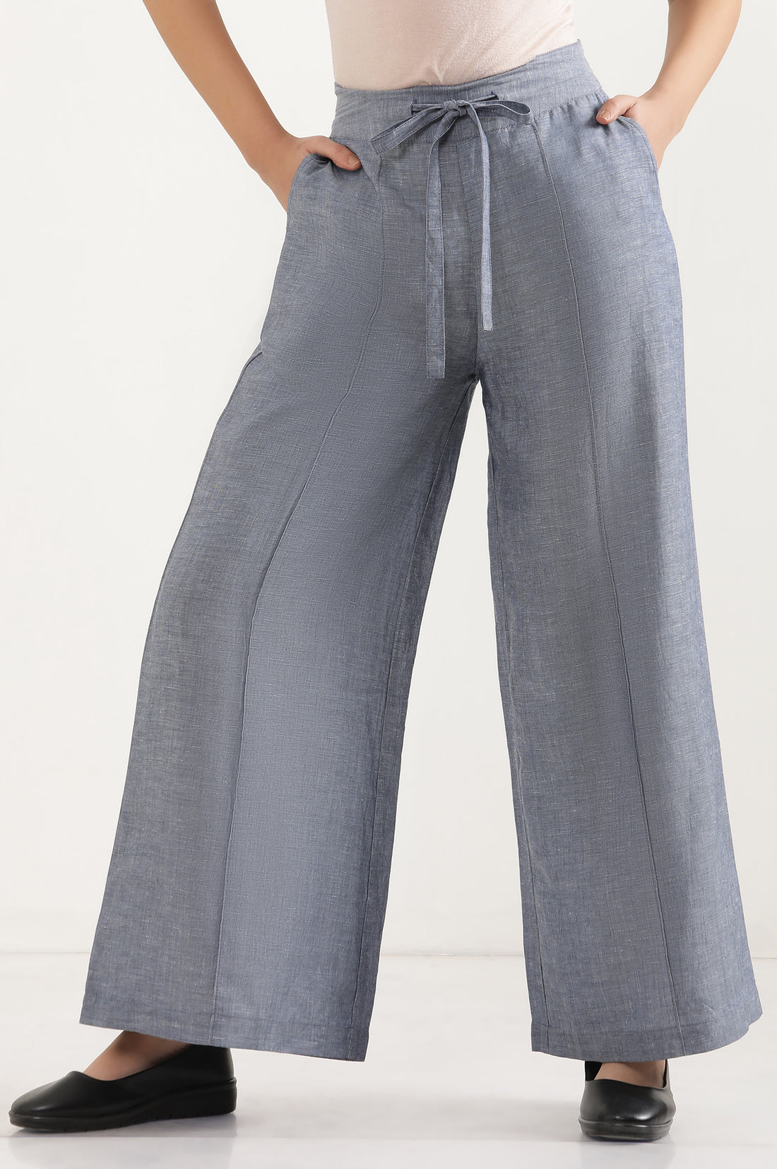 Blue Solid Flared Denim Pants With Tie Detail