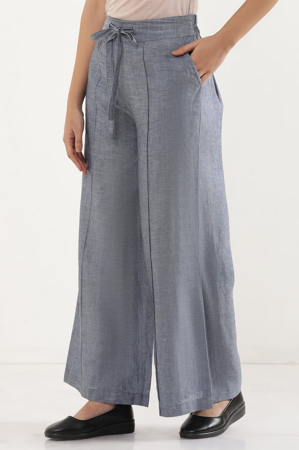 Elleven Women's Blue Solid Flared Denim Pants With Tie Detail