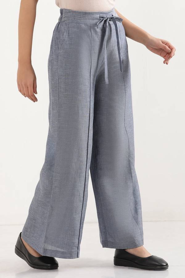 Elleven Women's Blue Solid Flared Denim Pants With Tie Detail
