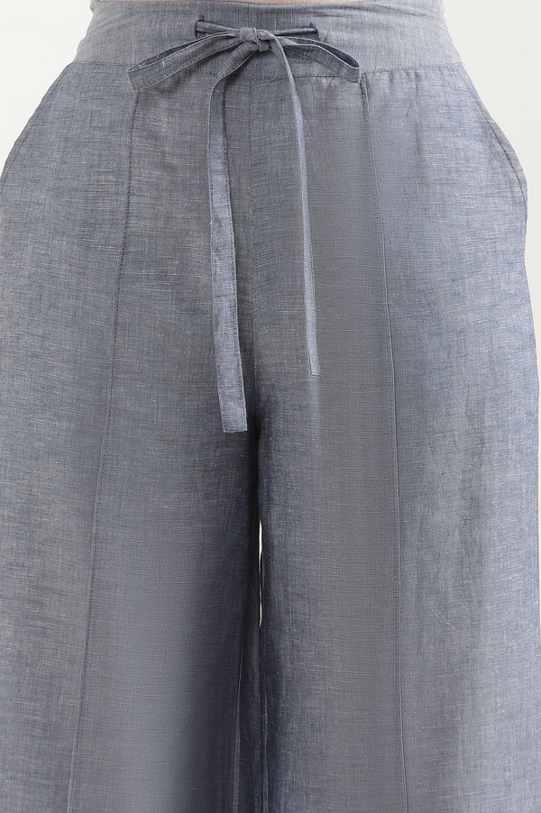 Elleven Women's Blue Solid Flared Denim Pants With Tie Detail