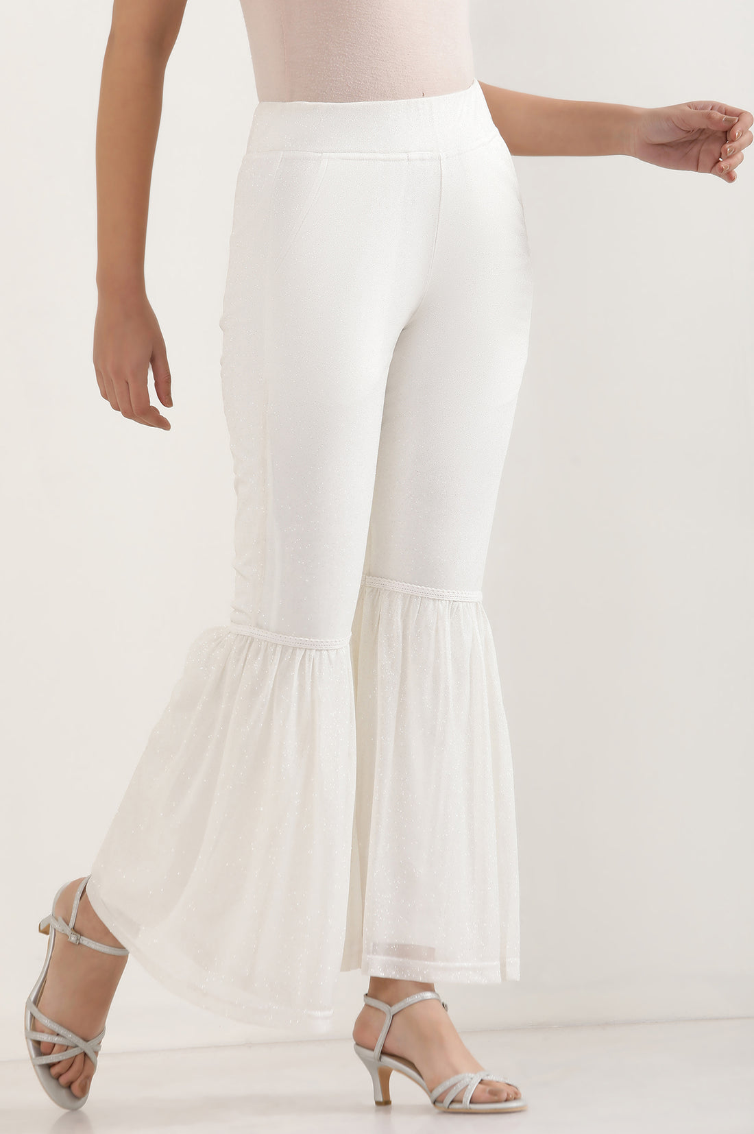 White Glitter Printed Flared Sharara With Elasticated Waist