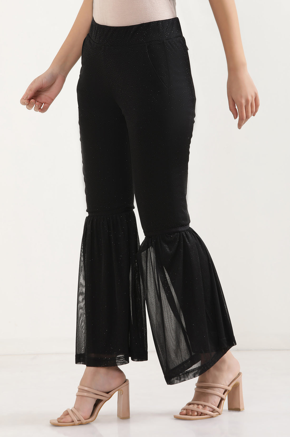 Black Printed Flared Sharara With Elasticated Waist