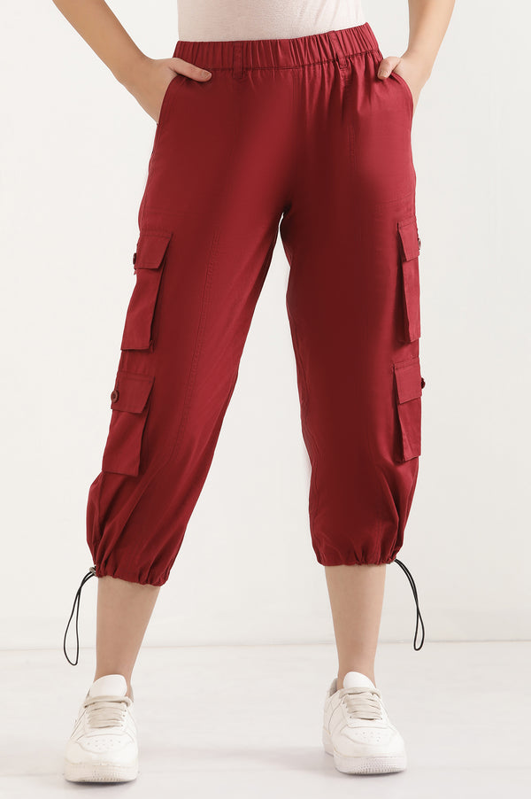 Red Solid Straight Fit Cotton Pants With Drawstring