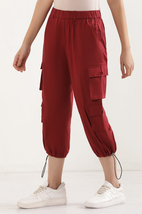Red Solid Straight Fit Cotton Pants With Drawstring