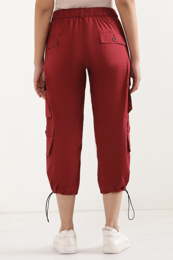 Red Solid Straight Fit Cotton Pants With Drawstring