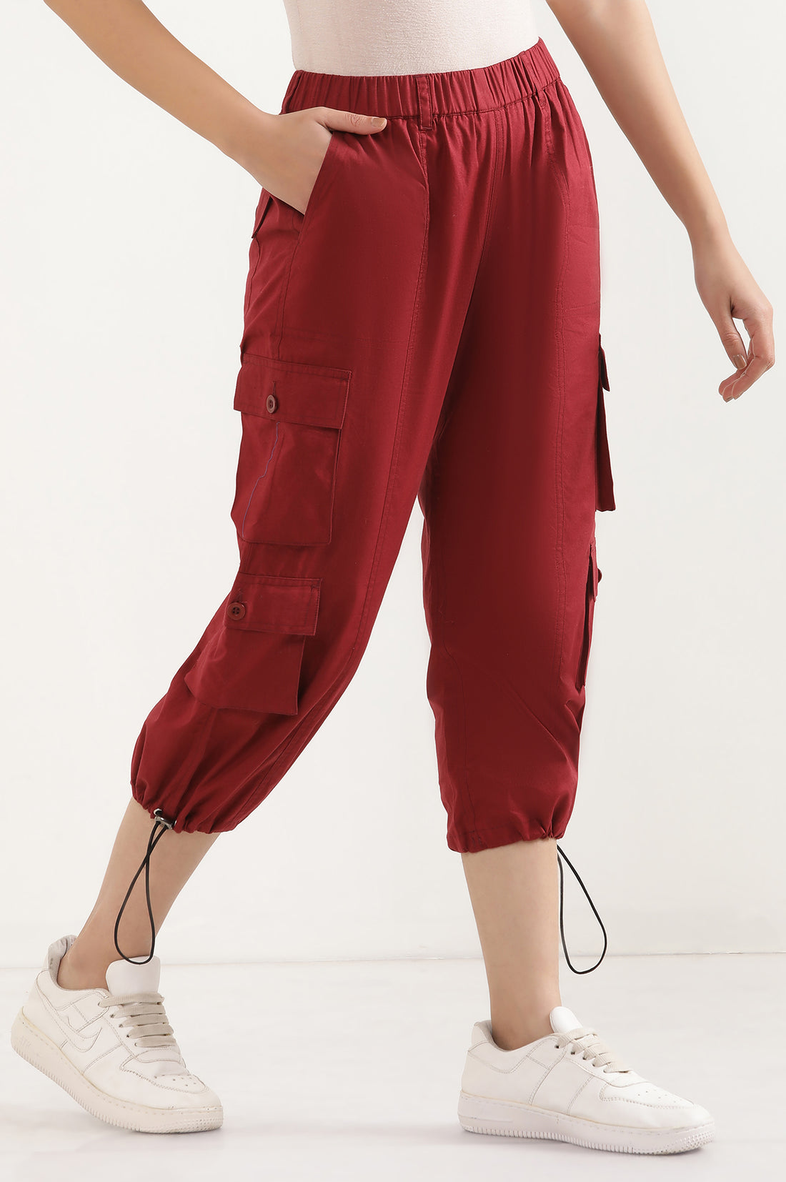 Red Solid Straight Fit Cotton Pants With Drawstring