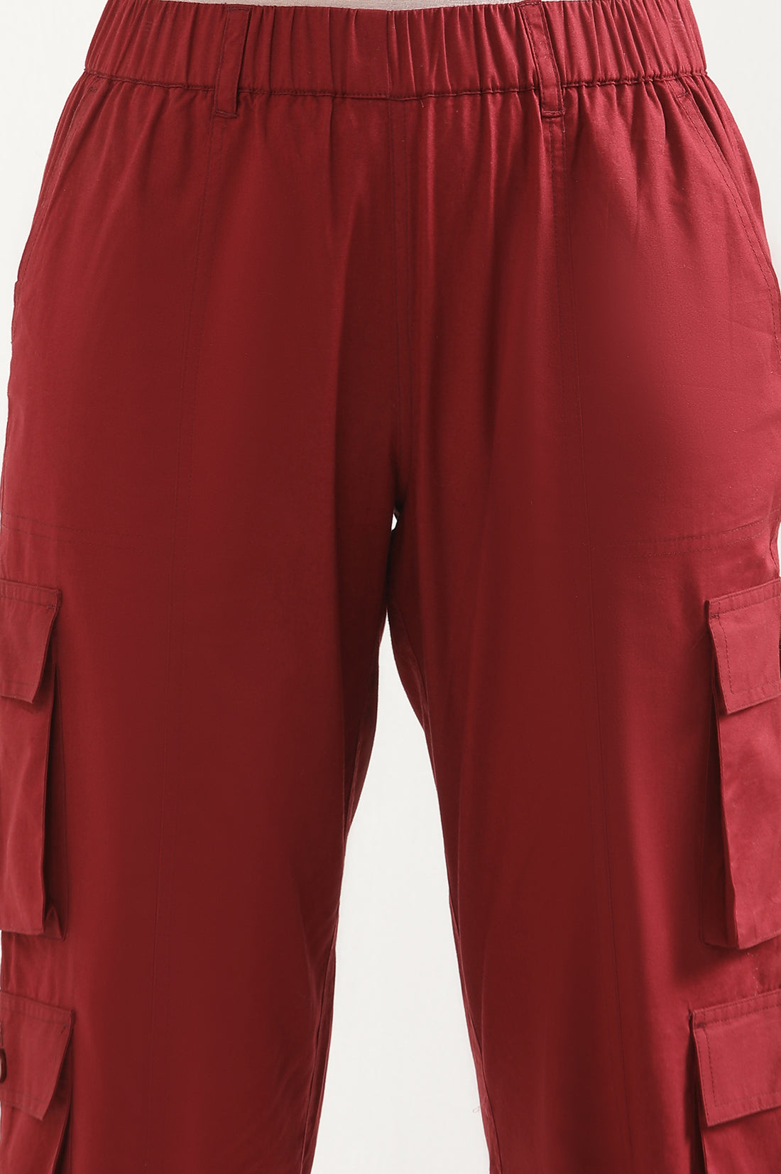Red Solid Straight Fit Cotton Pants With Drawstring