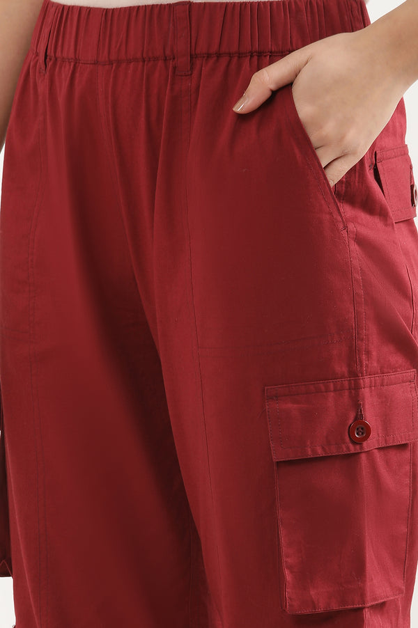 Red Solid Straight Fit Cotton Pants With Drawstring