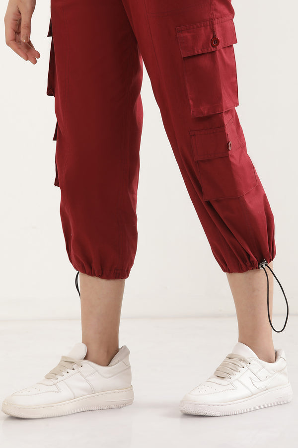 Red Solid Straight Fit Cotton Pants With Drawstring