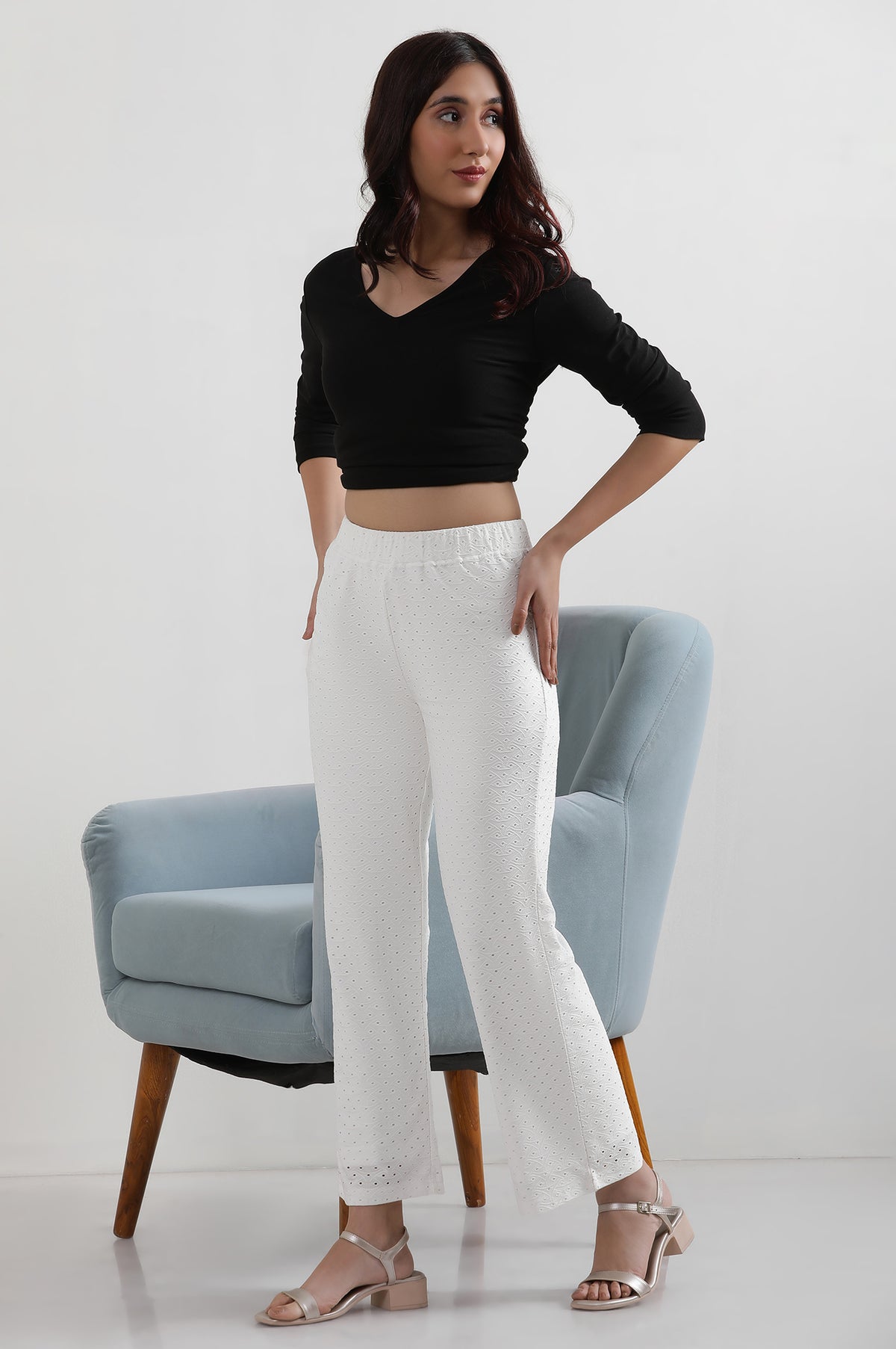 Elleven Women's White Solid Straight Fit Palazzo With Elasticated Waist - S