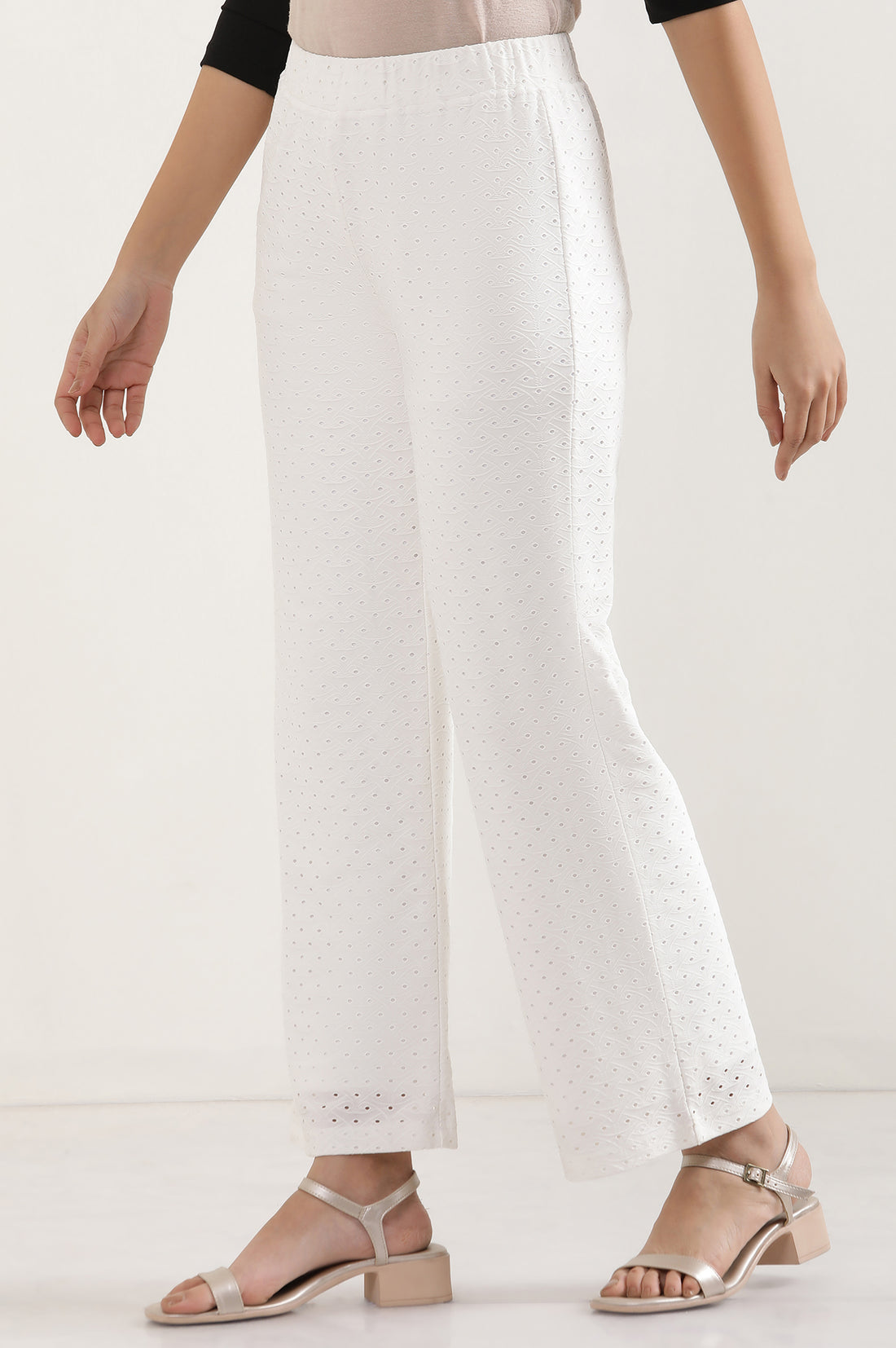 White Solid Straight Fit Palazzo With Elasticated Waist
