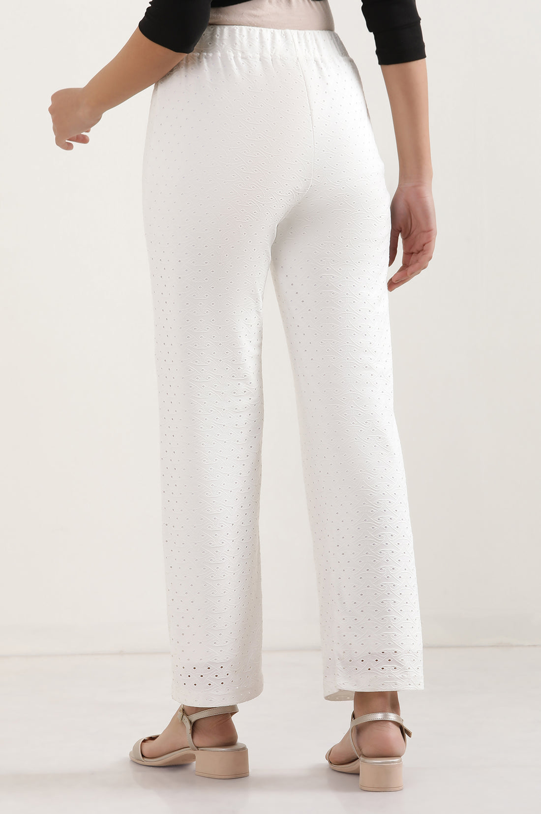 White Solid Straight Fit Palazzo With Elasticated Waist