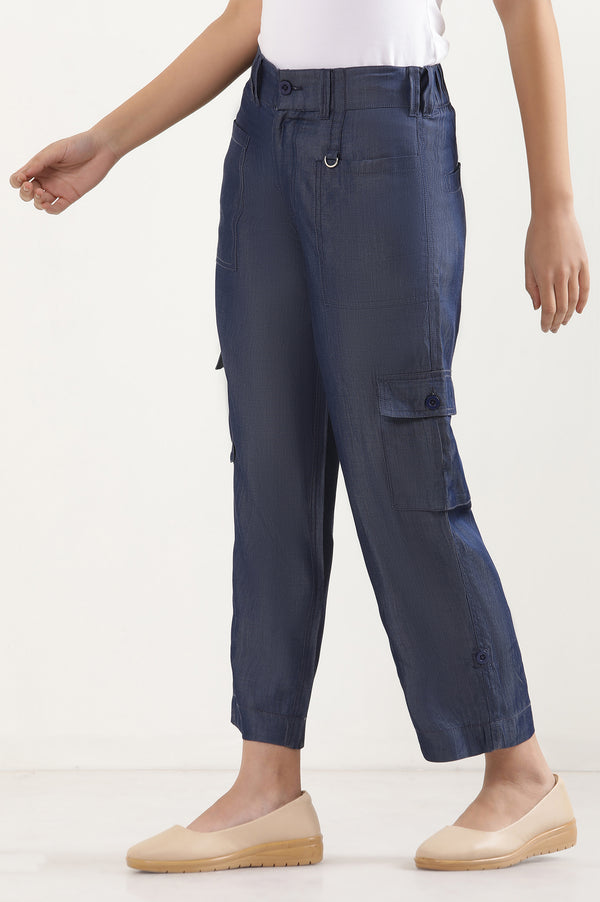 Elleven Women's Blue Solid Straight Fit Lyocell Pants With Six Pockets