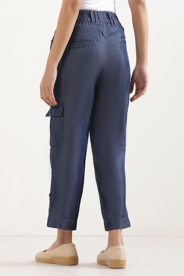 Elleven Women's Blue Solid Straight Fit Lyocell Pants With Six Pockets