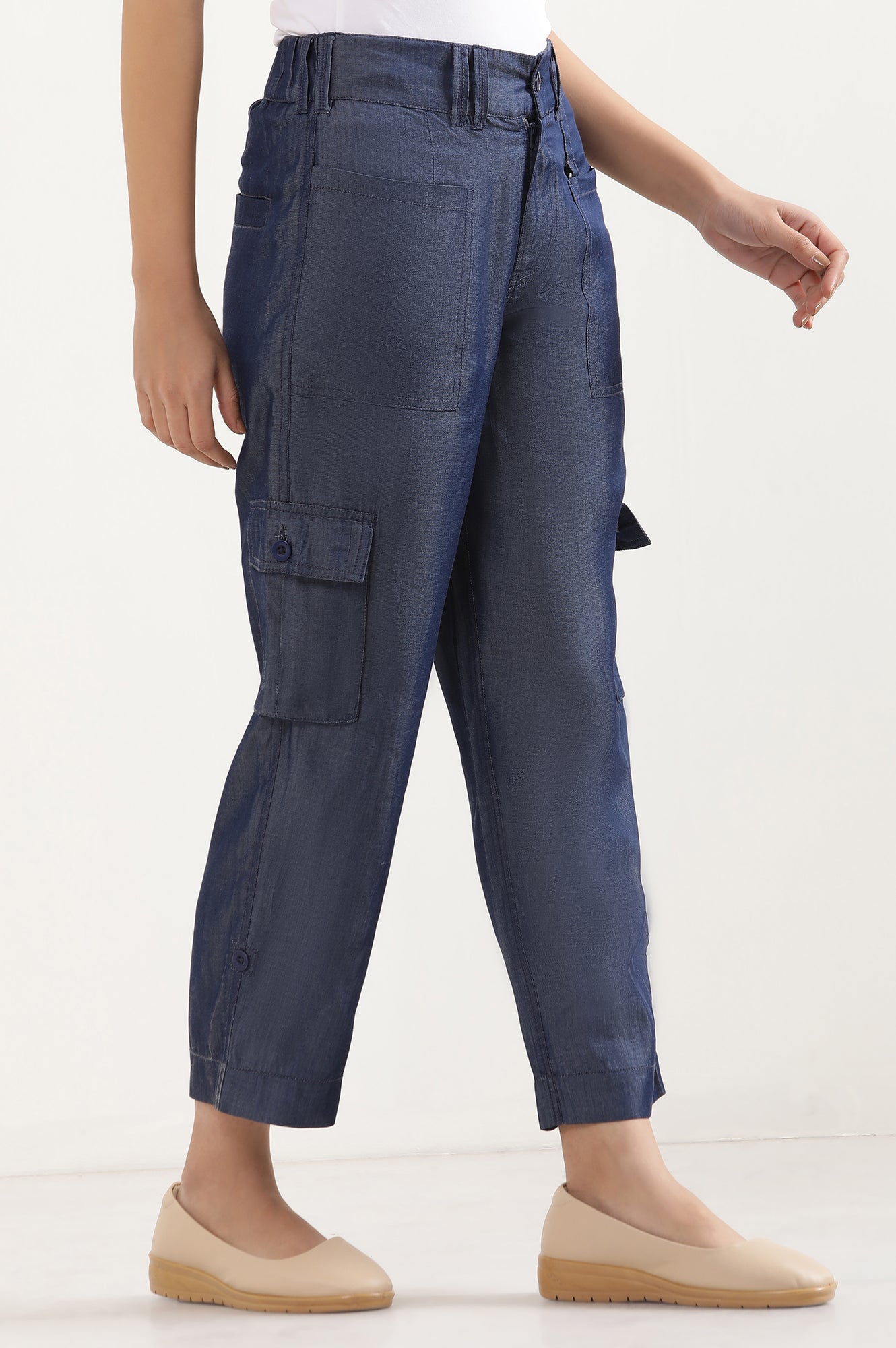 Blue Six Pockets Cropped Cargo Pants