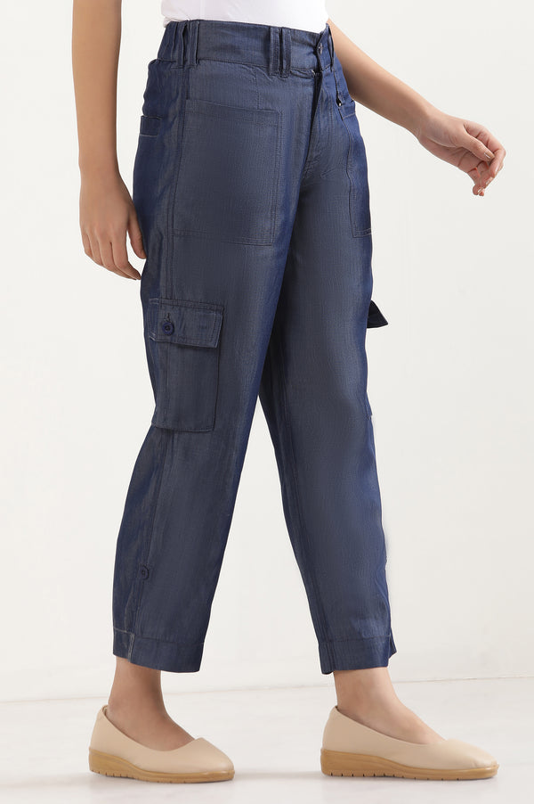 Elleven Women's Blue Solid Straight Fit Lyocell Pants With Six Pockets