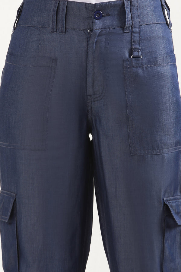 Elleven Women's Blue Solid Straight Fit Lyocell Pants With Six Pockets