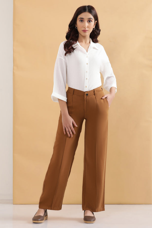 Elleven Women's Brown Solid Straight Fit Rayon Pants With Pintuck Detail