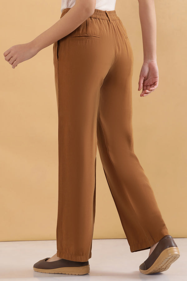Elleven Women's Brown Solid Straight Fit Rayon Pants With Pintuck Detail