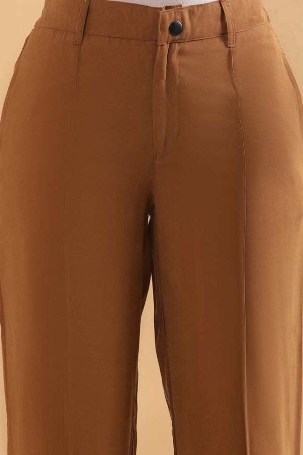 Elleven Women's Brown Solid Straight Fit Rayon Pants With Pintuck Detail