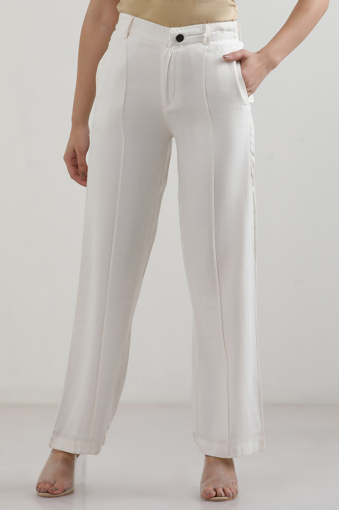 White Solid Rayon Straight Trousers &amp; Pants