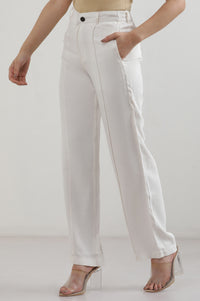 White Solid Rayon Straight Trousers &amp; Pants