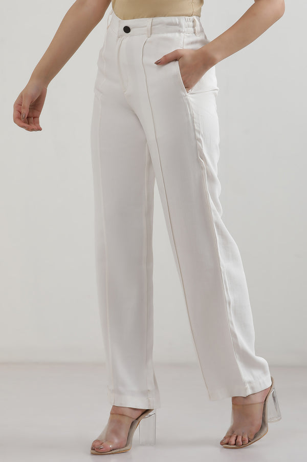 Elleven Women's White Solid Straight Fit Rayon Pants