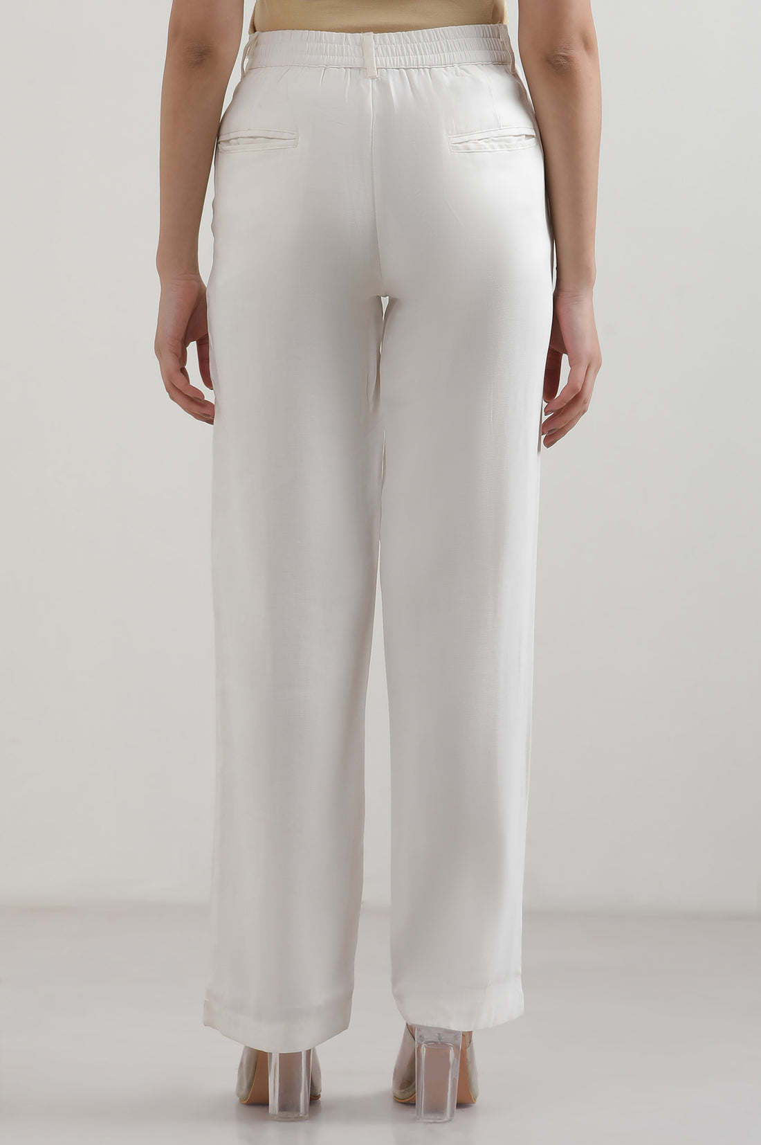 White Solid Rayon Straight Trousers &amp; Pants