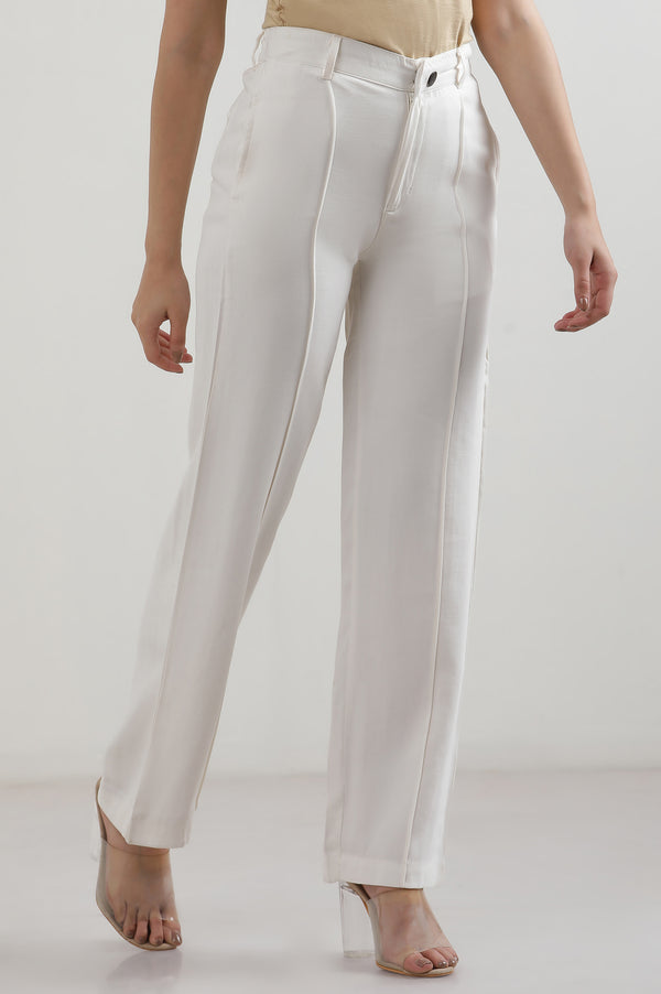 Elleven Women's White Solid Straight Fit Rayon Pants