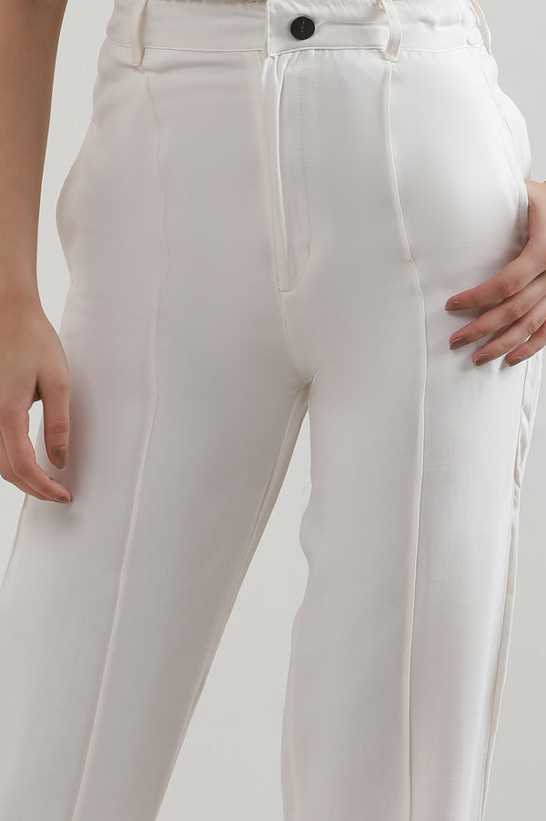 Elleven Women's White Solid Straight Fit Rayon Pants