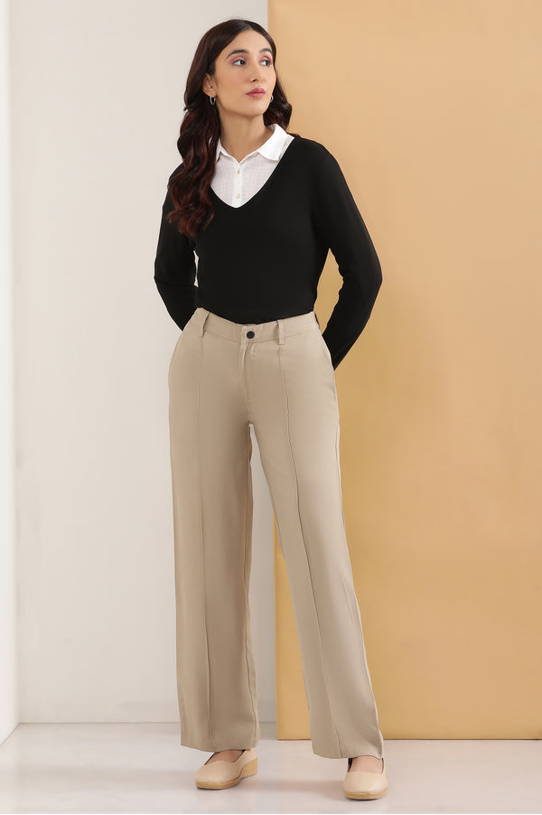 Elleven Women's Beige Solid Straight Fit Woven Pants With Pintuck Detail