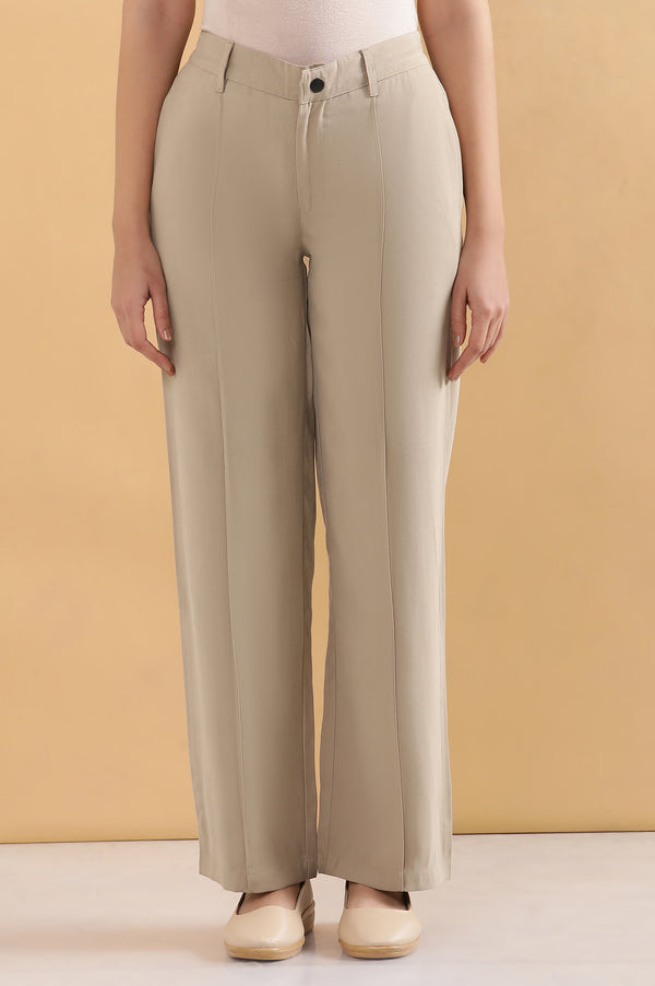 Elleven Women's Beige Solid Straight Fit Woven Pants With Pintuck Detail