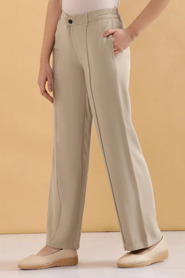 Elleven Women's Beige Solid Straight Fit Woven Pants With Pintuck Detail