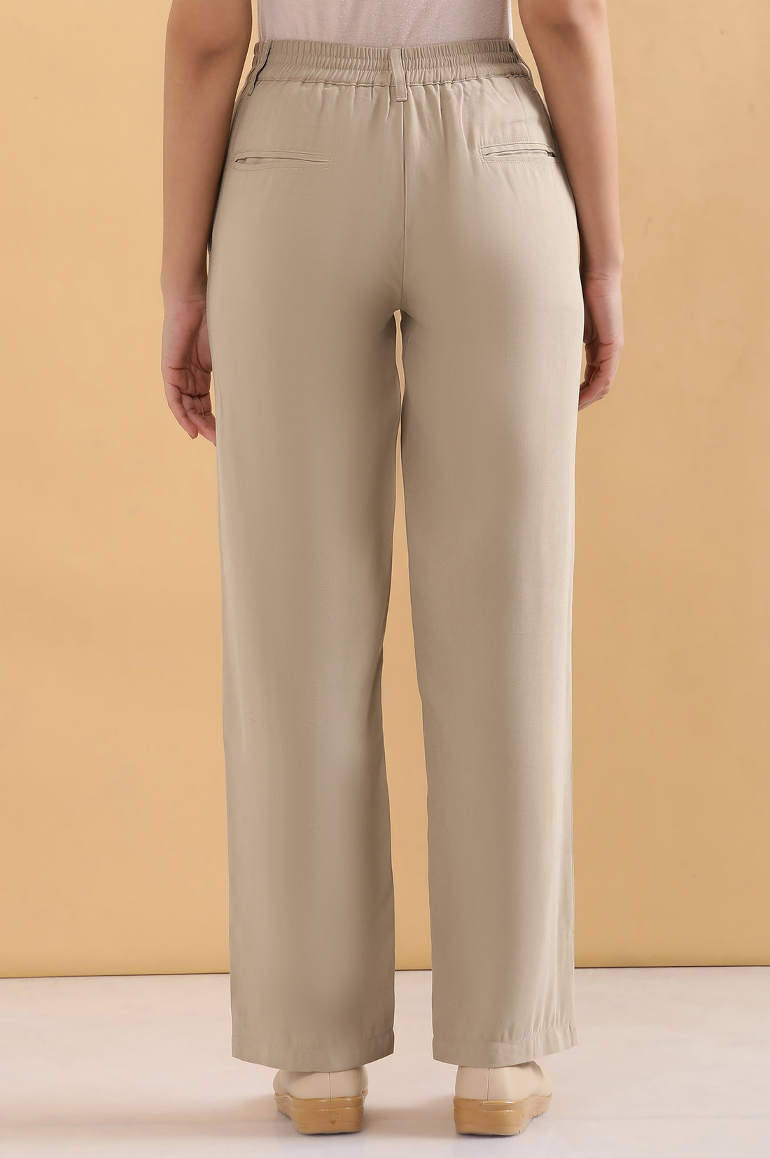 Beige Solid Straight Fit Woven Pants With Pintuck Detail