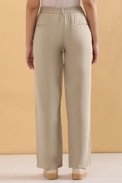 Beige Solid Straight Fit Woven Pants With Pintuck Detail