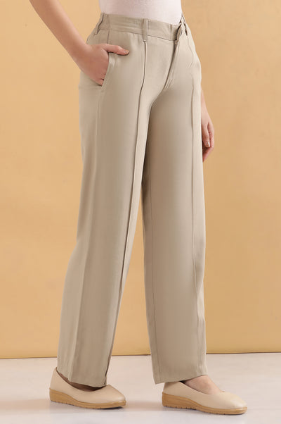 Beige Solid Straight Fit Woven Pants With Pintuck Detail