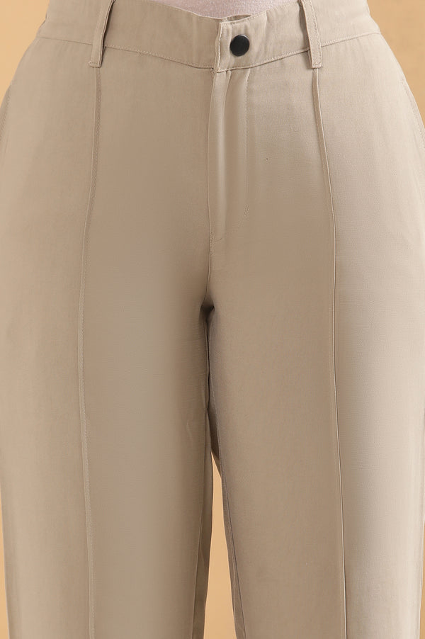 Elleven Women's Beige Solid Straight Fit Woven Pants With Pintuck Detail